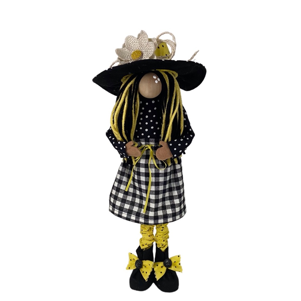 Girl Gnome Standing Black Yellow White Polka Dots Gingham Check Skirt Farmhouse
